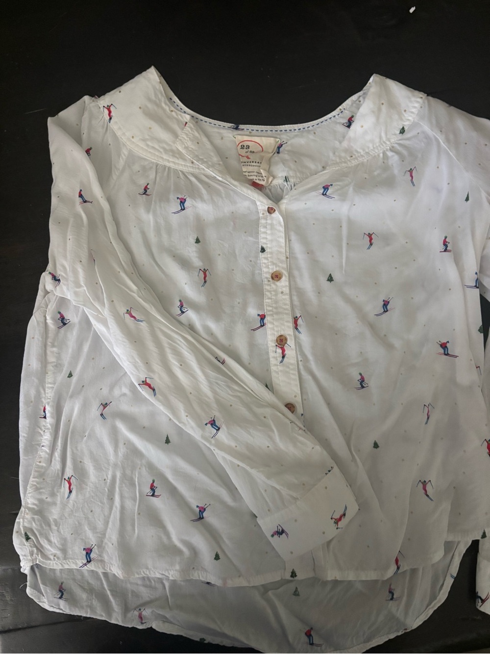 Anthropologie White Button-Front Blouse with Ski Motif